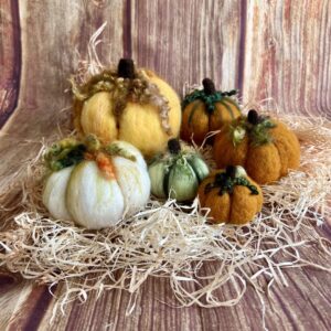Gefilzte Kürbisse in verschiedenen Farben als herbstliche Tischdeko